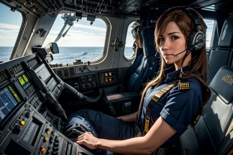 Aircraft carrier flight deck, Female operator giving launch instructions to fighter jets, Helmet on the head, Intercom microphon...