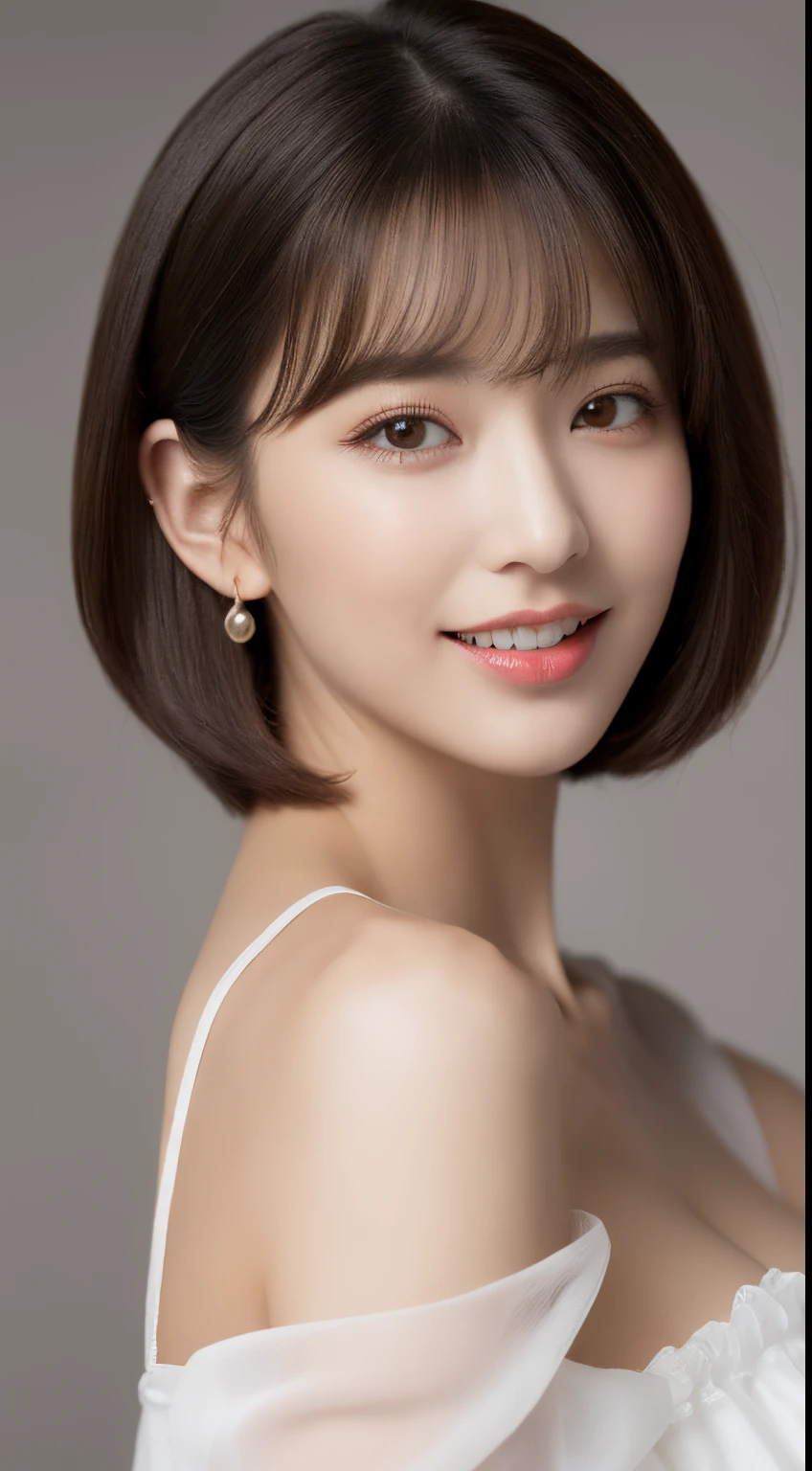 (top-quality, ​masterpiece, hight resolution), beautiful female model。sexy  pose,。She wears a white off-the-shoulder with white ruffles that only hide her breasts。Put your shoulders out、kindly smile、Show your teeth a little。Short bob hair、(Bob on the shoulder、straight haired、Straight bangs、On-eyebrow bangs)、stick out only one ear、foco nítido、(电影灯光)、鎖骨、ear ornament、a necklace、Light gray background