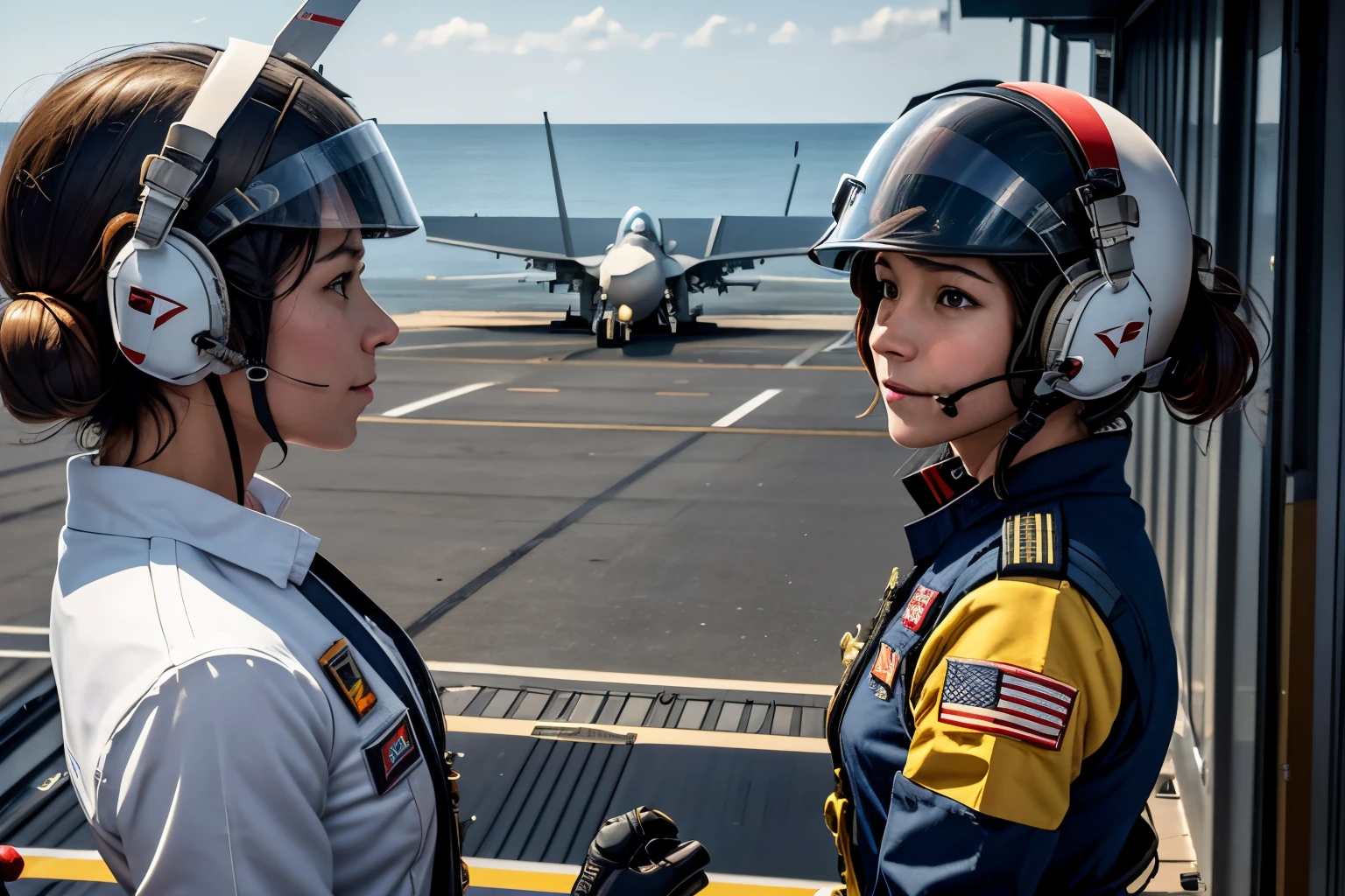 Aircraft carrier flight deck, A female deck worker gives departure instructions to a fighter jet., Helmet on the head, Intercom microphone on the mouth, Dynamic poses, deck worker uniform, Crouch next to the flight deck, outside of house, back-view, Give a signal with your left arm to the fighter plane, fighter jet taking off