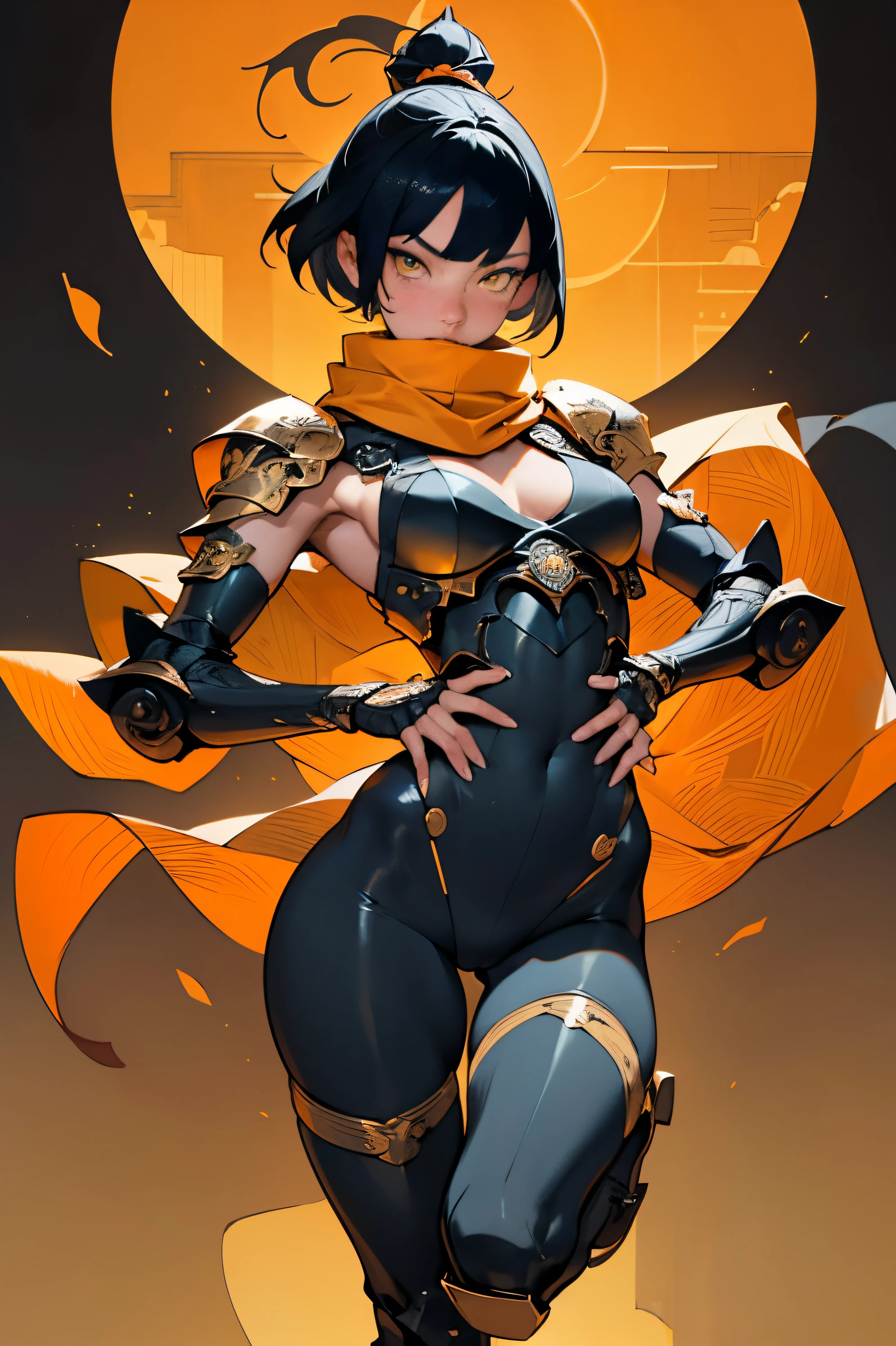 [Shinjuku background at night],(HENTAI ANIME) (Japanese NINJA Girl (Beauty) 15yo student) petite and muscular [Slim & fit body], Short Bob Cut,([hornet] Orange Ninja Battle Armor) scarf [stall] ((Fitting rubber inner) [honeycomb] [edg]) hair adornments (Dull metallic luster:0.8),gravure [KUNOICHI],(Perfectly proportioned),Ideal color coordination),(Intricate and beautiful decoration (Dense detail)),[Perfect hand details],(Beautiful perfect face, yellow eyes, yellow irises, [Perfect eye details, [Full body like], fit thighs, thigh gap,[[Desaturation]], pretty hands, perfect fingers