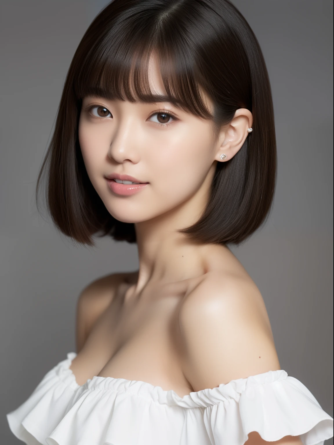 (top-quality, ​masterpiece, hight resolution), Beautiful 18 year old woman。She wears a white off-the-shoulder with white ruffles that only hide her breasts。Put your shoulders out、kindly smile、Show your teeth a little。Short Bob Hair Straight、(Voluminous short bob、Trimming the bob、straight haired、Straight bangs、On-eyebrow bangs)、Bob with only one ear out、foco nítido、(电影灯光)、鎖骨、ear ornament、a necklace、Light gray background