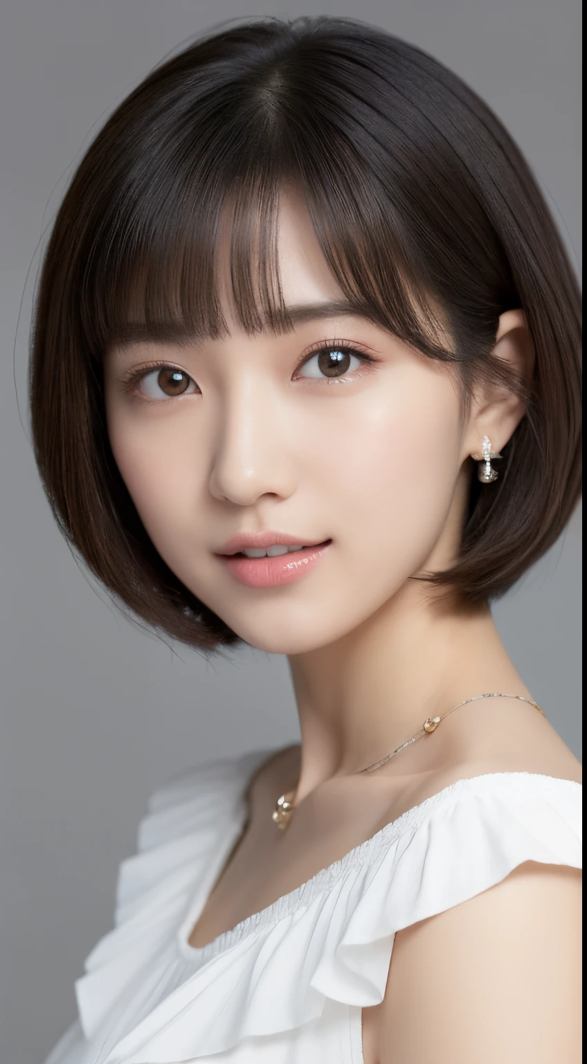(top-quality, ​masterpiece, hight resolution), Beautiful 18 year old woman。She wears a white off-the-shoulder with white ruffles that only hide her breasts。Put your shoulders out、kindly smile、Show your teeth a little。Short Bob Hair Straight、(Voluminous short bob、Trimming the bob、straight haired、Straight bangs、On-eyebrow bangs)、Bob with only one ear out、sharp focus、(light)、clavicle、ear ornament、a necklace、Light gray background