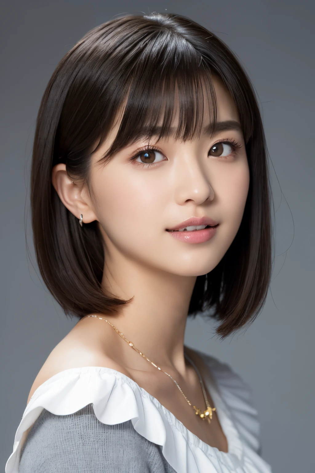 (top-quality, ​masterpiece, hight resolution), Beautiful 18 year old woman。She wears a white off-the-shoulder with white ruffles that only hide her breasts。Put your shoulders out、kindly smile、Show your teeth a little。Short Bob Hair Straight、(Voluminous short bob、Trimming the bob、straight haired、Straight bangs、On-eyebrow bangs)、Bob with only one ear out、foco nítido、(电影灯光)、鎖骨、ear ornament、a necklace、Light gray background