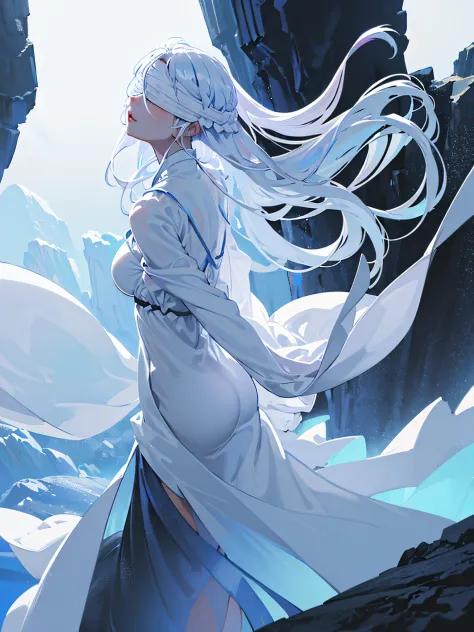 A anime girl in profile walking in a cave with ice walls, (((distant photographic angle))), the ice walls make the most perfect ...