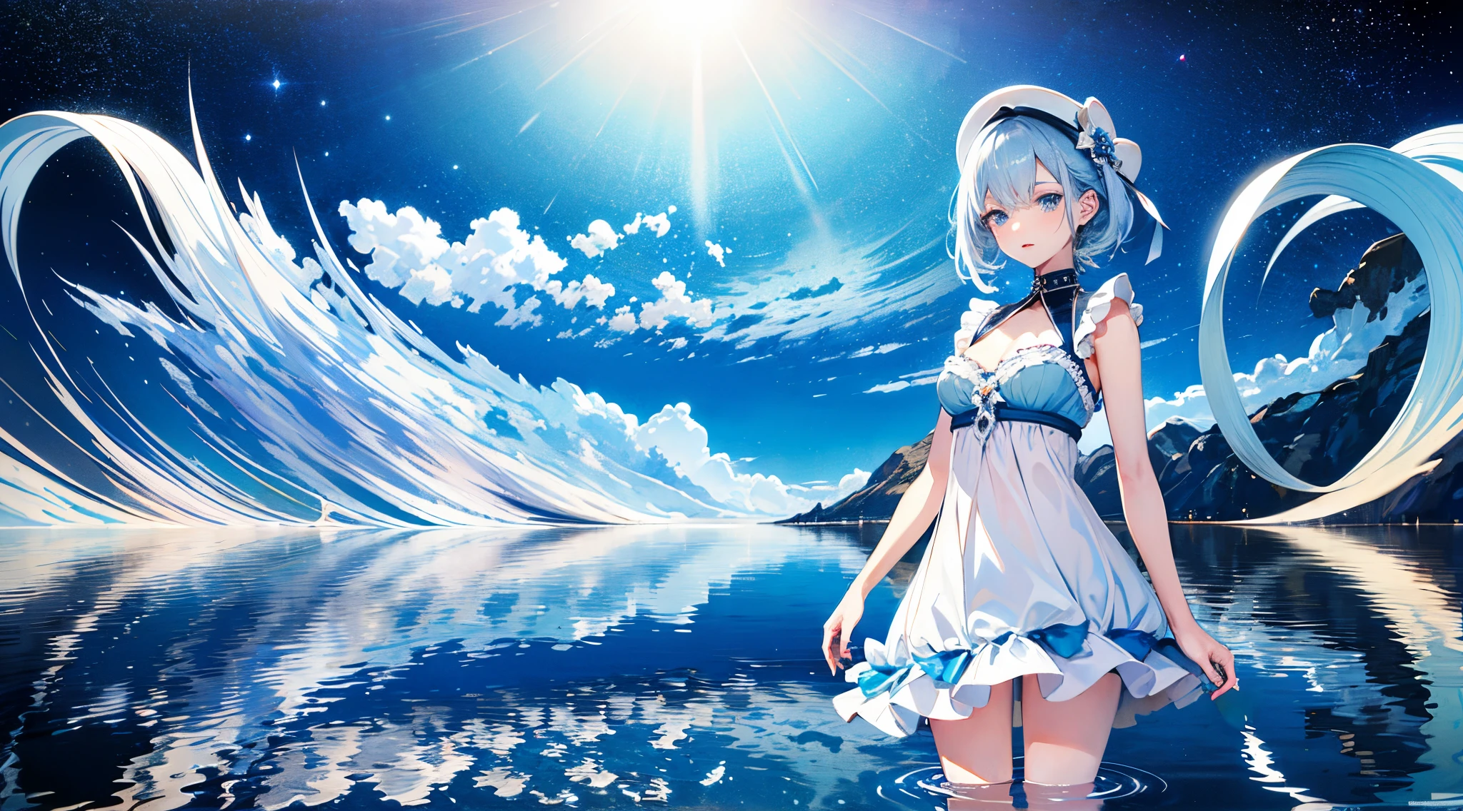 absurdres, highres,, (official art, beautiful and aesthetic:1.2), 
1girl, sexy body, pale skins blue hair, middle hair, blue eyes, shining eyes, 
blue short dress, Blue Frill, fancy blue hat
blue sky, Sparkling Galaxy, (Salar de Uyuni:1.2),
(Surrealism:1.15), (fractal art:0.3),
water effects, ripple effects, (flower effects:0.65), light effects,