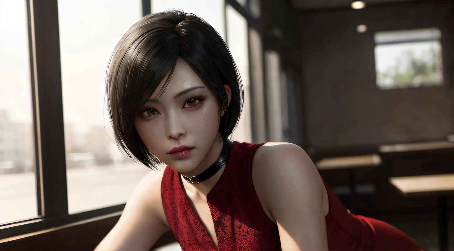 1girl,  of beautiful ADAWONG, looking at viewer, black hair, short hair, ((red dress)), black choker, transparent black stocking, side slit, blush, blotchy makeup, trending on Artstation, ada, realistic, athletic night, highly detailed skin, warm skin tone, ((frowning)), ((pouting)) highly detailed face, highly detailed pupils, highly detailed iris, RAW photo, best quality, high resolution, ((masterpiece)), tonemapping, photorealistic, realistic, professional photography, sharp focus, HDR, 8K resolution, intricate detail, sophisticated detail, hyper detailed, (depth of field), highlight and shadow, volumetric lighting, golden hours lighting, professional light, ,inside a cafe, beside a window, highly detailed background, bokeh, sfw,