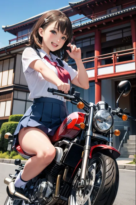 Japan schoolgirl riding motorcycle,Happy!!!, White panties are visible, motor cycle,[ photos realistic ]!!, hight resolution,