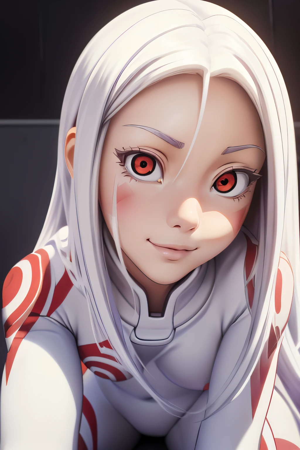 ((ultra quality)), ((tmasterpiece)), albino girl Shiro, Shiro from the anime Deadman Wonderland, ((White long hair)), Beautiful cute face, beautiful female lips, charming beauty, ((Cheerful expression on his face)), is looking at the camera, slightly closed eyes, ((Skin color: white)), Body glare, ((detailed beautiful female eyes)), ((red-eyes)), beautiful female hands, ((perfect female figure)), ideal female body shapes, Beautiful waist, nice feet, big thighs, Beautiful butt, ((Subtle and beautiful)), sexy sits ((Up close view)) ((wearing Shiro&#39;s costume, white Shiro suit)), background: prison with white walls, ((Depth of field)), ((high quality clear image)), ((crisp details)), ((higly detailed)), Realistic, Professional Photo Session, ((Clear Focus)), ((cartoon)), the anime, NSFW