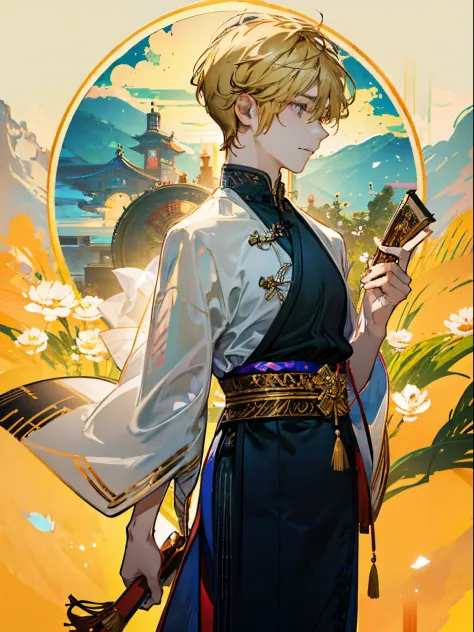 male in his 20s、Blonde shorthair、Fantastic costumes、serene expressions、Sunlight、pray、Fantastic background