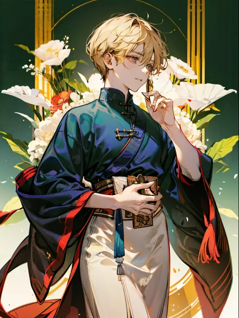 male in his 20s、Blonde shorthair、Fantastic costumes、serene expressions、Sunlight、pray、Fantastic background