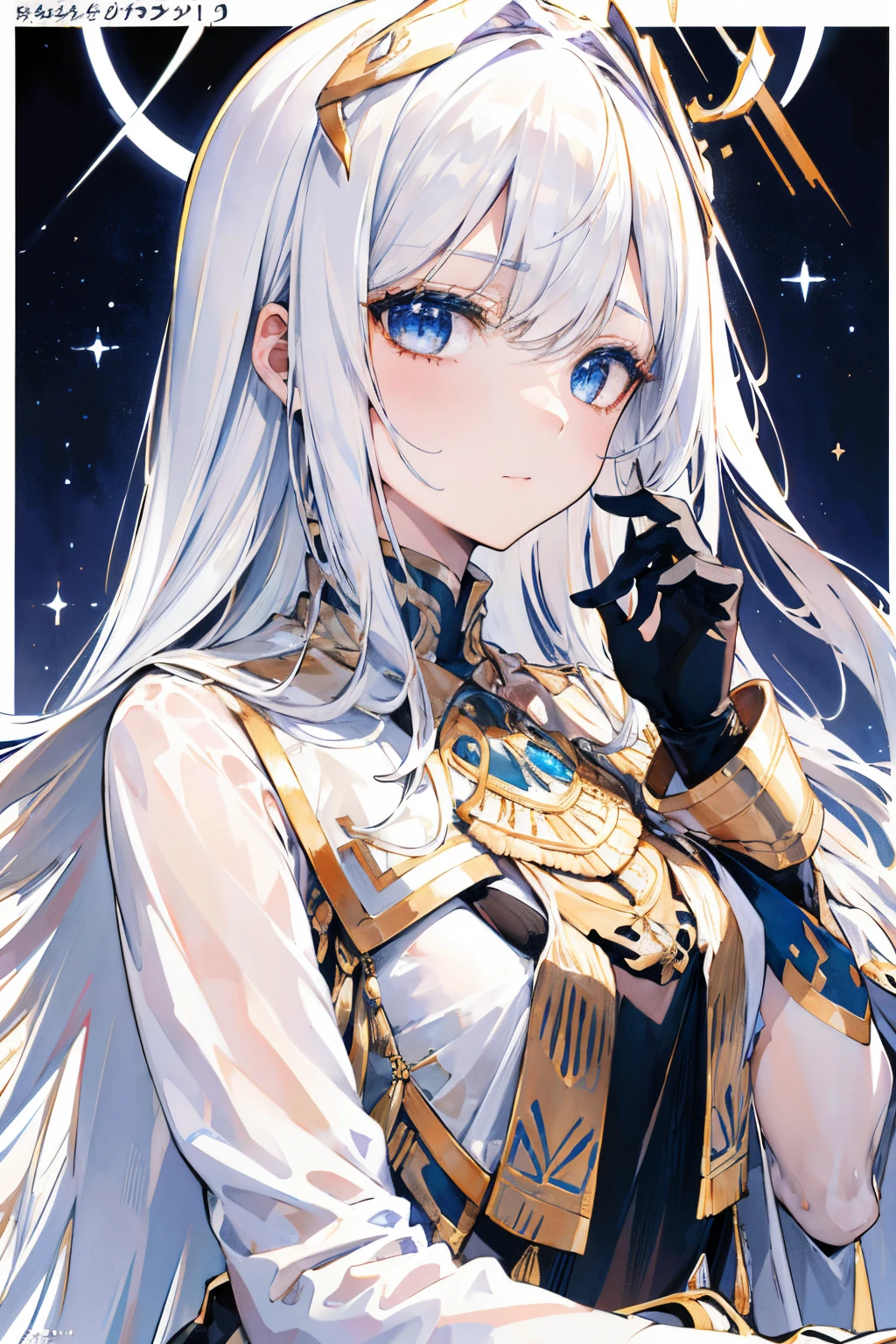 (masuter piece,Best Quality,Ultra-detailed), (A detailed face), Movie Posters, hight resolution, 1girl in, (front-facing view), White hair, length hair、Braided side locks, Gold Eye, General's jacket, The upper part of the body, flat-chest, (Beautiful Detail Eye: 1.1), (Detailed hand), (Detail light: 1.1), Desportivo, Film Light, Pale skin type, (looking at the viewers), (magazine:1.3), (cover-style:1.3), Textured skin, Super Detail, Tarot Boundary, border, Alfonse Mucha, Dynamic streaks, locus:1.2, Dim color scheme, portraitures, Look at viewers, 独奏, (full body Esbian:0.6), A detailed face, soft smiling, Dynamic Poses, (Ancient Mesopotamian theme), Sumerian, Mesopotamian mythology, Uruk, ziggurat, Demigod, white robes, laurel, (A thriving civilization), Ancient palaces, stele, particles floating, Fire emblem