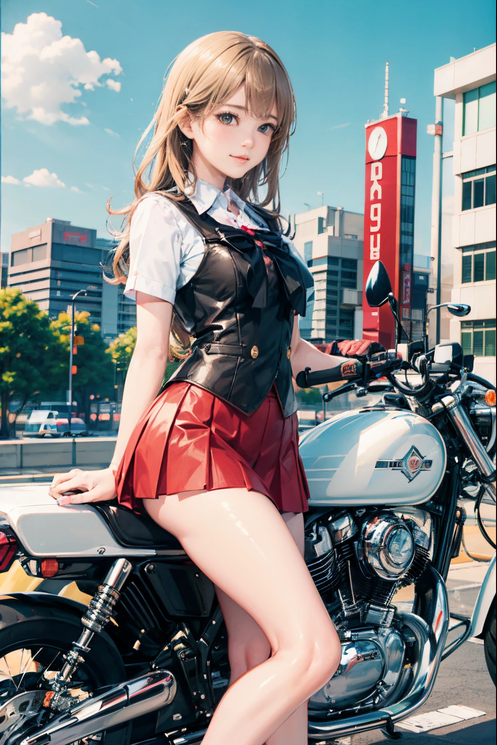 Japan schoolgirl riding motorcycle,a miniskirt、White panty、beautiful thigh、Beautiful panties、beautiful  Girl、Beautie、Beautie、lolicon hentai、Beautiful panties、beautiful thigh、beautiful  Girl、Beautie、Happy!!!, , motor cycle,[ photos realistic ]!!, hight resolution,