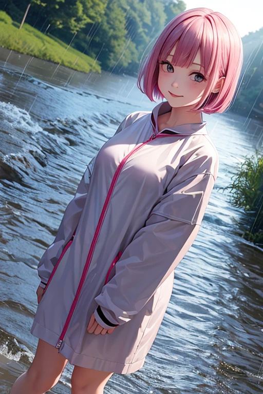 rikka, A pink-haired,Red Eyes, Cute eyes,Round eyes,Height 165cm,18year old,Bust Chart 30D:1,Realistic,bob cuts,Round face,Cute face,light from the cloudy sky,Heavy rain, Various raincoats, pouring rain, raincoat is wet, cloudy sky, smiling face, water level is high and the river is about to flood,Heavy rain,Wet hair,The wind is about to blow it away