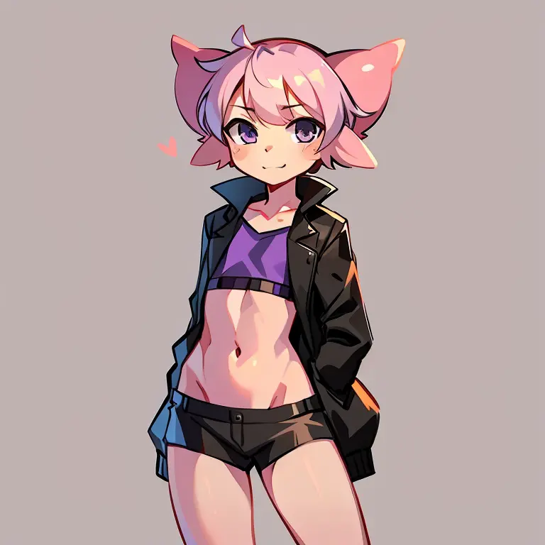 1boy, Axolotl, cute, Slim body, Black jacket, Purple cropped, Black shorts