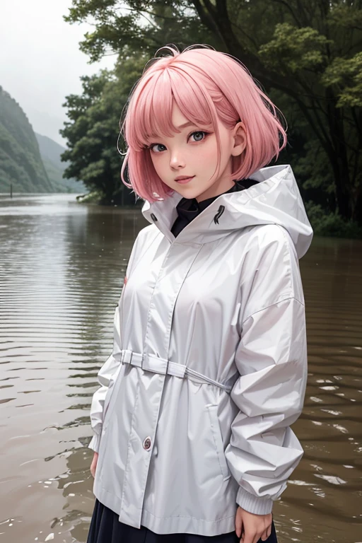 rikka, A pink-haired,Red Eyes, Cute eyes,Round eyes,Height 165cm,18year old,Bust Chart 30D:1,Realistic,bob cuts,Round face,Cute face,light from the cloudy sky,Heavy rain, Various raincoats, pouring rain, raincoat is wet, cloudy sky, smiling face, water level is high and the river is about to flood,Heavy rain,Wet hair,The wind is about to blow it away
