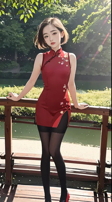 16 year old pre-teen, european, blonde, small breasts, big eyes, long legs, close-up of thighs, short red qipao dress, black tig...