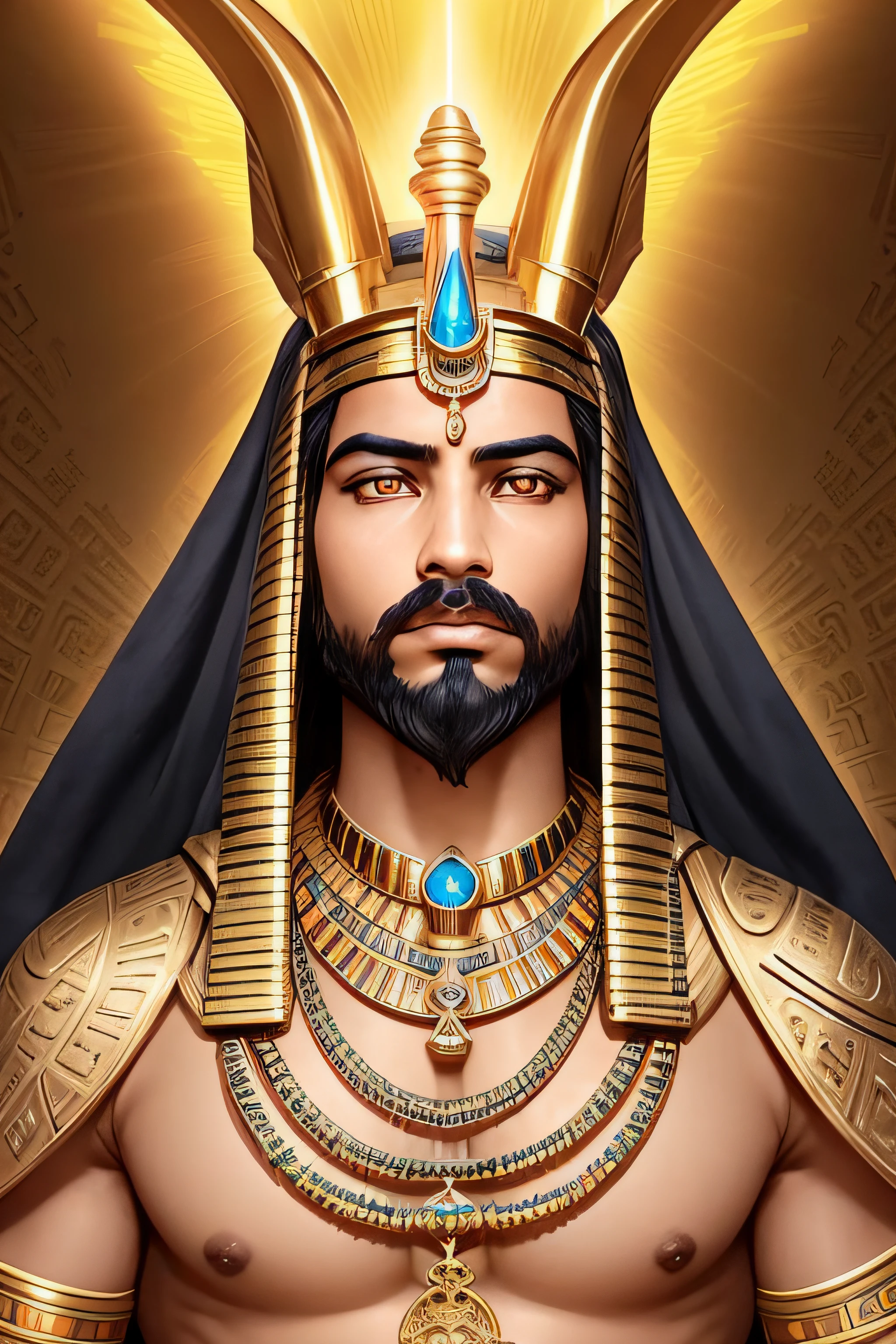 (a majestic,godlike:1.1),Egyptian god,ancient egyptian mythology,anubis,horus,richly detailed headdress,elaborate jewelry,(golden:1.2) arm cuffs and anklets,extravagant pharaoh robe adorned with hieroglyphics,royal scepter,(mysterious:0.9) pyramid in the background,sand dunes,eternal desert,sun shining brightly,draped in golden sunlight,overwhelming power and aura.