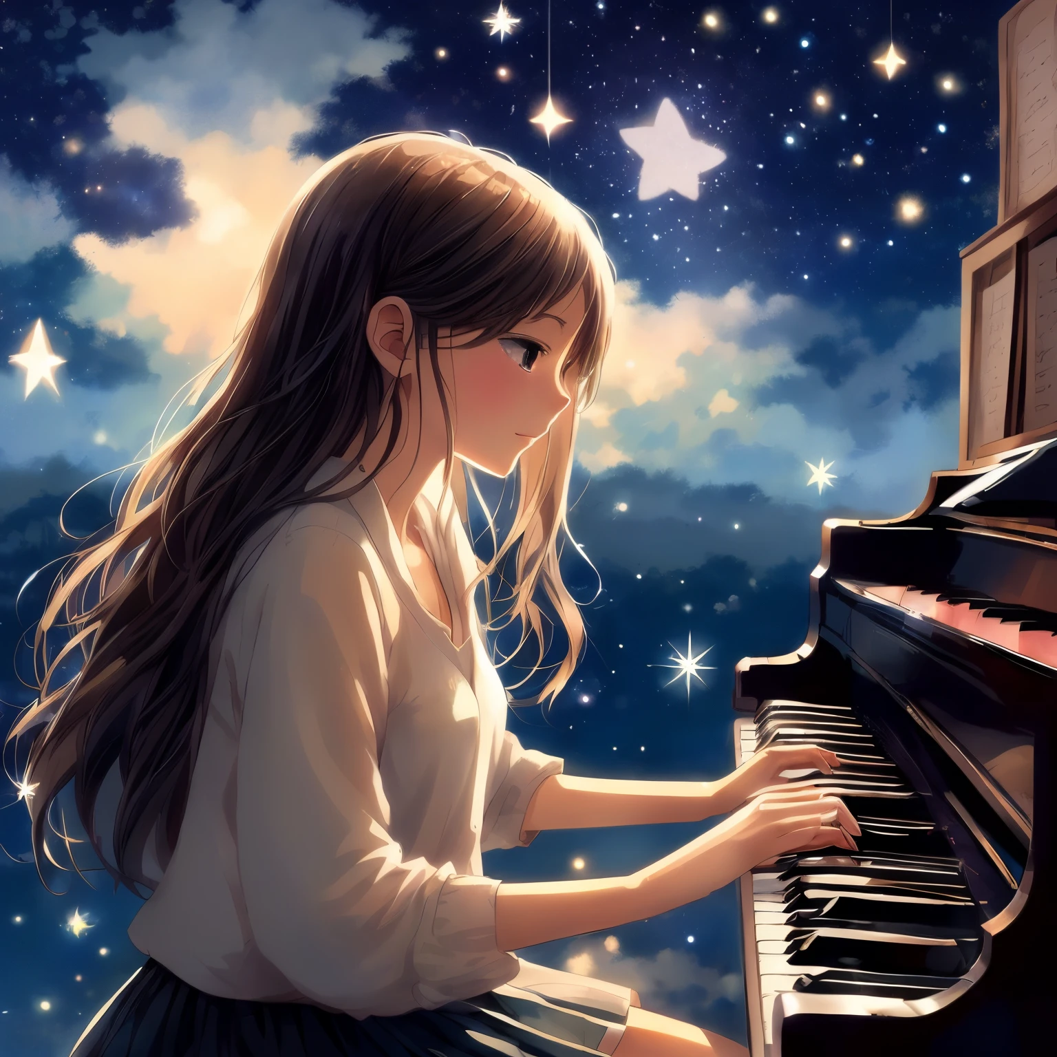 Anime girl playing piano at night with stars in the sky - SeaArt AI