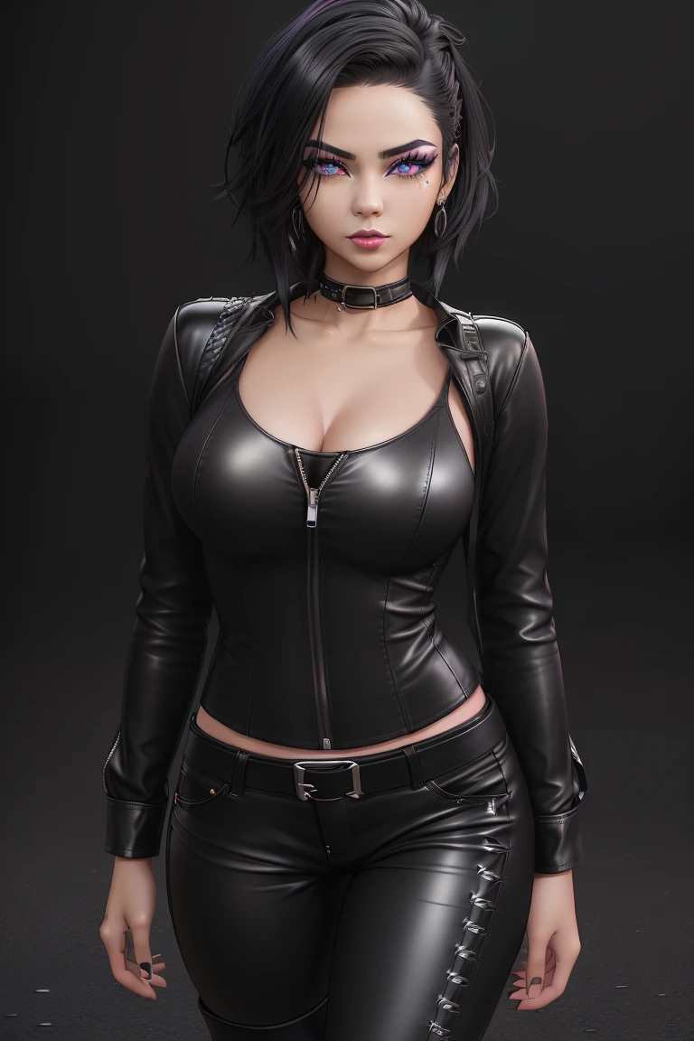 beautiful girl, ((standing:1.4)), (confident gaze:1.1), full body, short bright neon streaked black hair, ((realistic highly detailed eyes:1.4)), ((seductive pose:1.2)), black eyeshadow, (street style wear:1.2), ((tight fitted pants)), ((knee high leather boots)), ((dark plain black background:1.4)), dark makeup, digital art, trending on artstation, highly detailed, fine detail, intricate, detailed facial features, sharp focus, smooth, aesthetic,