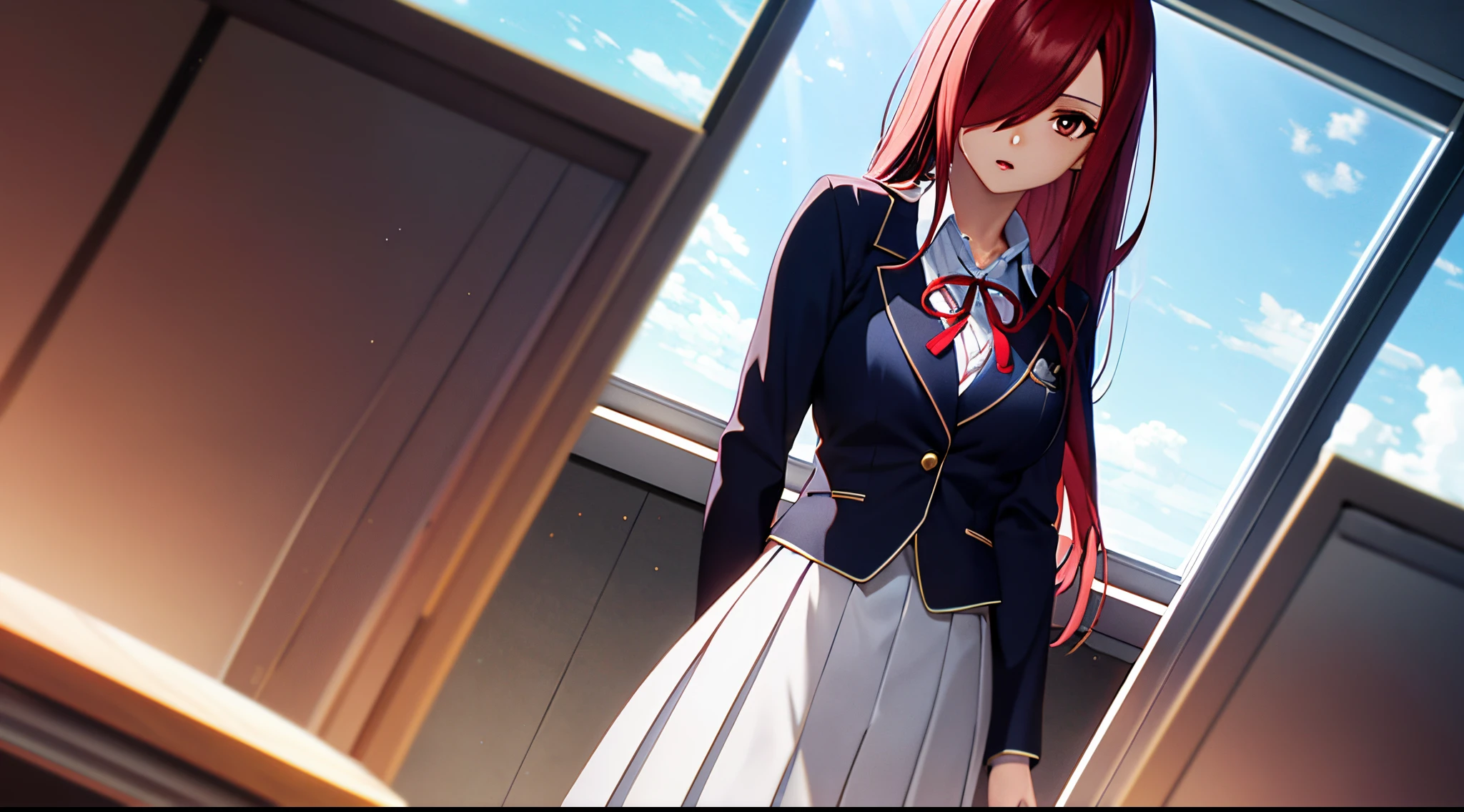 erza, 1girl, solo, long_hair, medium breasts,brown_eyes,red_hair,hair over one eye, standing, looking at viewer,school uniform,praying beads on neck, long skirt,inside classroom,anime style,deep depth of field,wide angle view,Lumen Reflections,Screen Space Reflections,Diffraction Grading,Chromatic Aberration,GB Displacement,Scan Lines,Ray Traced,Anti-Aliasing,FXAA,TXAA,RTX,SSAO,Shaders,OpenGL-Shaders,GLSL-Shaders,Post Processing,Post-Production,cell Shading,Tone Mapping,CGI,VFX,SFX,insanely detailed and intricate, 4K