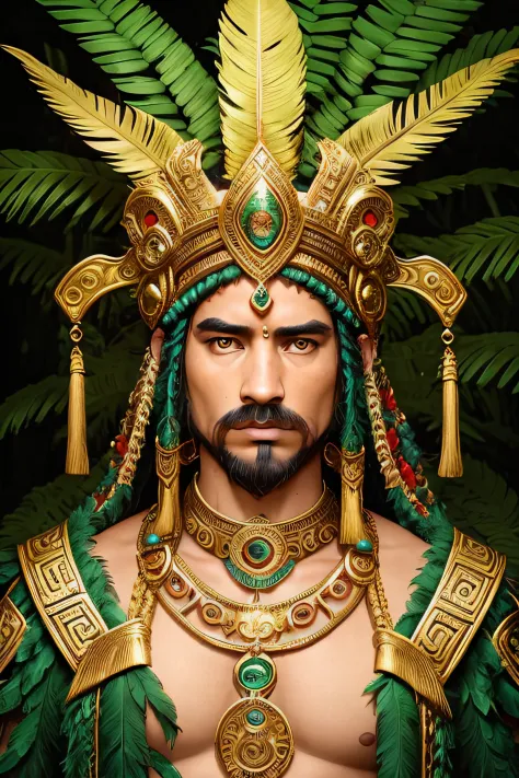 a powerful aztec god in a vibrant jungle, ancient gold and jade artifacts, ceremonial costumes, intricate facial patterns, sacre...