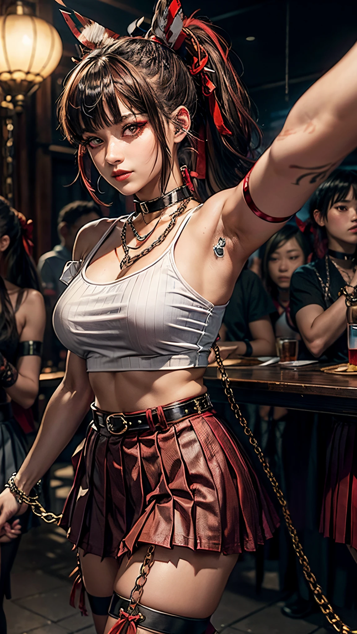 Reimu Hakurei at a rave, looking at the camera with an seductive smile, dancing, confident, nightclub, neon lights, Brown hair, brown_eyes:1.6, ((bangs, ponytail, red tubes on her bangs, red ribbon:1.3)), e-girl outfit:1.7, (((Eyeliner, Choker, tee top, chains, pleated skirt, Belt Chain:1.3))), 16 years old, selfie