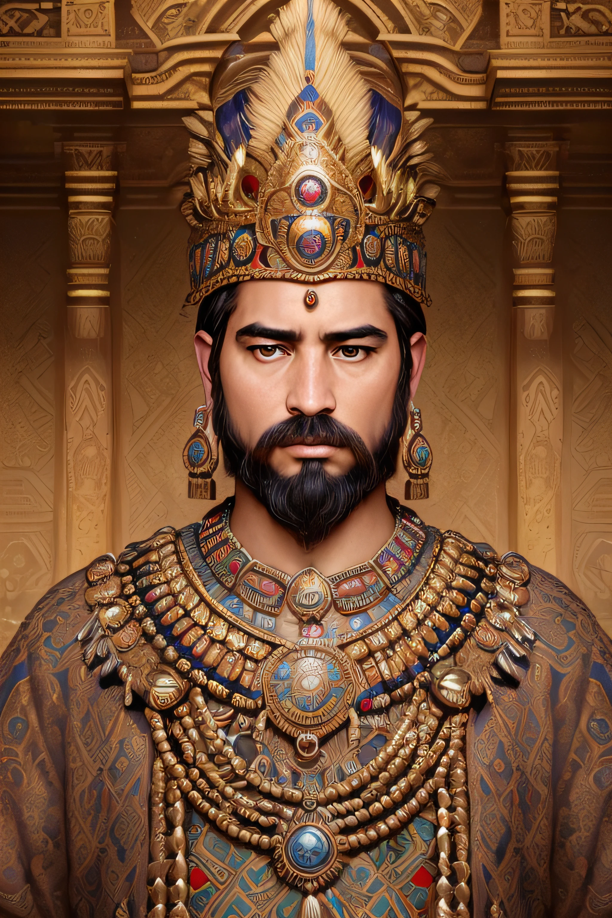 (best quality,4k,8k,highres,masterpiece:1.2),ultra-detailed,(realistic,photorealistic,photo-realistic:1.37),portrait,ancient,Mesoamerican culture,colorful vibrant tones,royal palace,ornate architecture,empire,courtyard,feathered headdress,elaborate jewelry,serene expression,royal garments,richly adorned king,captured in time,awe-inspiring artifact,mesmerizing scene,surrounded by his subjects,fine brushstrokes,historical significance,deeply symbolic,mythical motifs,utmost attention to detail,power and majesty,proud ruler,commanding presence,monumental artistry,immersive experience,enigmatic figure,complex and enticing,mesmerizing gaze,kingly aura,epic masterpiece