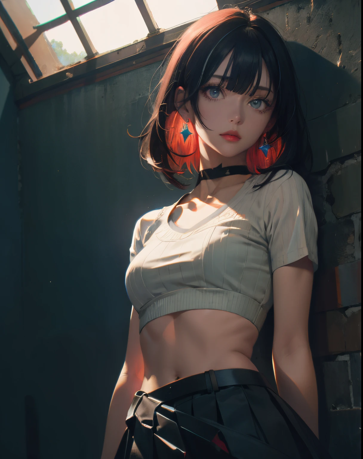 (masterpiece, best quality, 1girl, solo, intricate details, chromatic aberration), (realistic),(skin), ((breath)),(black hair,blunt bangs),detailed hair, red head ornament, blue highlights, hair over one eye,black eyes, small earrings, sharp eyes, choker,((black crop top )),(skirt),(belt),open waist,(symmetry eyes),(perfect symmetrical body), night,(((natural light))),backlighting,against grey  wall, dim lighting ,look at viewer,((centered shot, from front,(face and waist)))