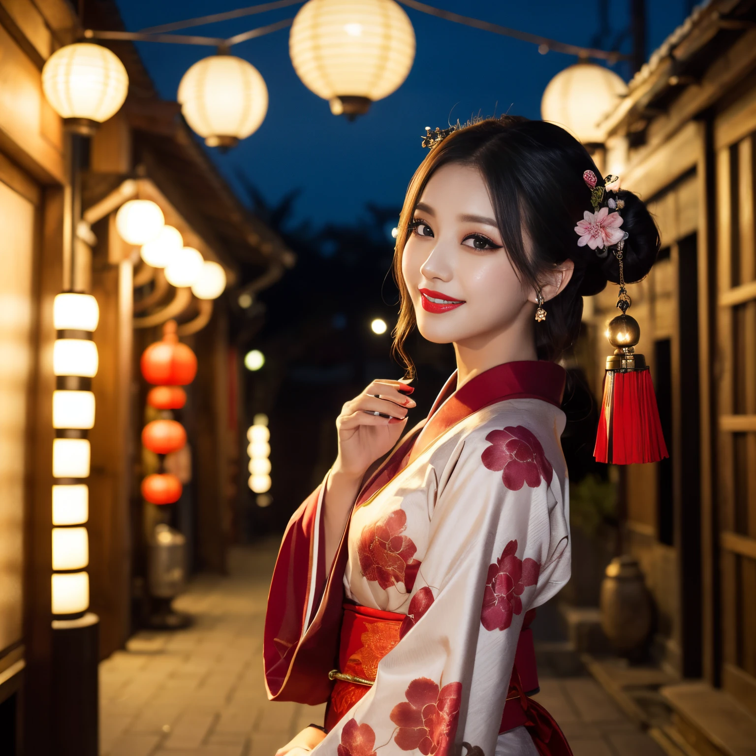 ((最高品質、テーブルトップ、8k、最高の画質、非常に複雑で詳細な詳細))、売春婦1人、花魁 costume、花魁&#39;s kimono、Accurate 花魁 Kimono、Gorgeous 花魁 kimono、背景は歓楽街、郭佑、カスタムストリート、カメラに向かって微笑む、腰から上の写真、完璧な歓楽街のディテールを再現、写真 1 枚、夜のセックス地区、ナイトエクスカーション、夜中、濁った、ランタンライト、赤い口紅、長いまつ毛、完璧なメイク、暗い夜、裸で着物だけを着ている、詳細な顔