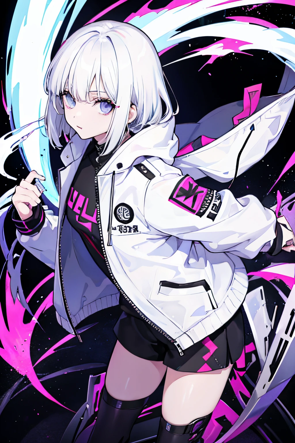 Anime girl with white hair and black and pink outfit holding a sword -  SeaArt AI