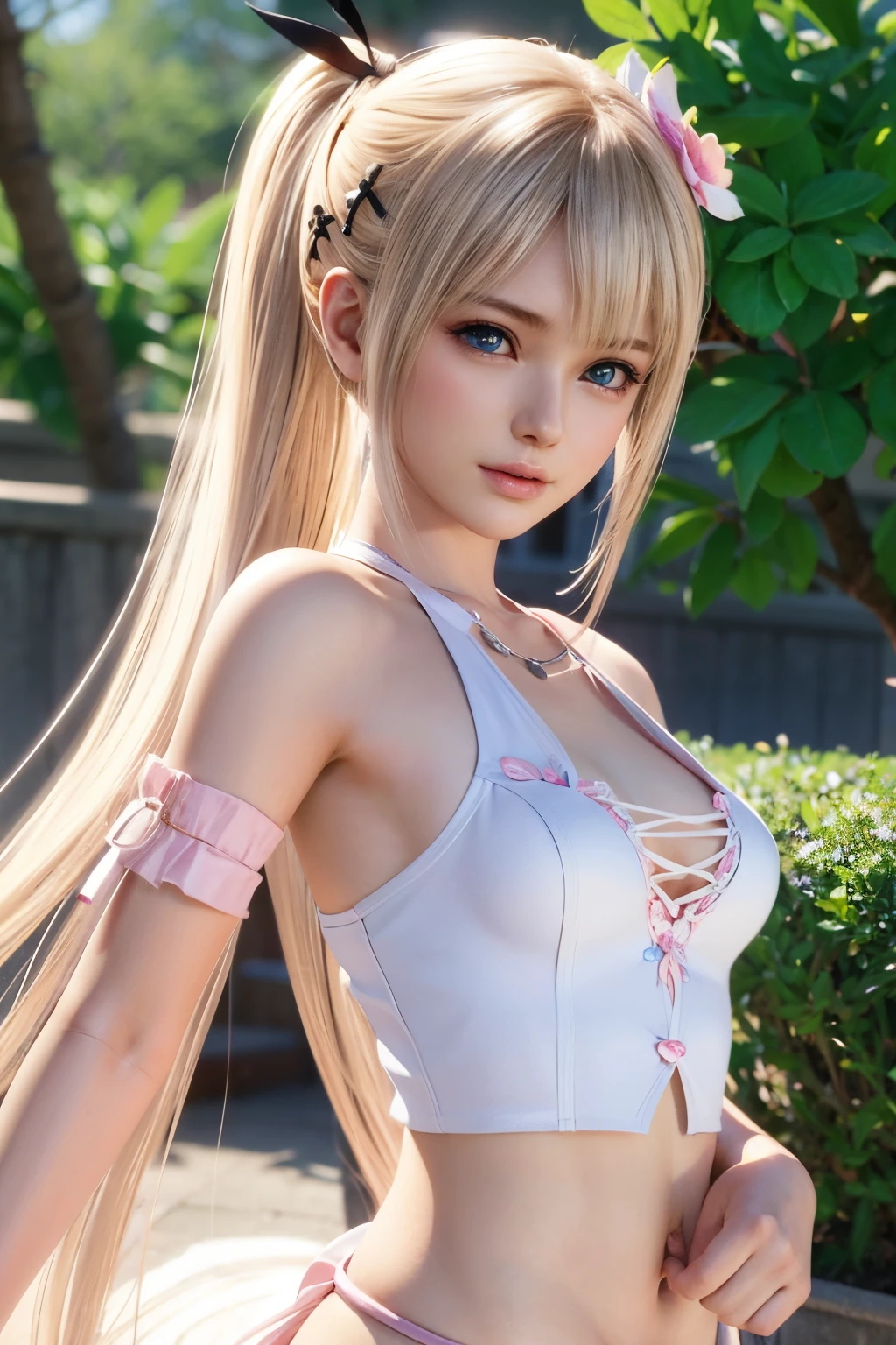 Marie rose, Anime girl with pink hair and flowers in her hair, artwork in the style of guweiz, photorealistic anime girl render, photorealistic anime, hyper realistic anime, anime. soft lighting, soft portrait shot 8 k, realistic anime art style, 3 d anime realistic, 8k art germ bokeh, anime realism style, kawaii realistic portrait, beautiful anime portrait