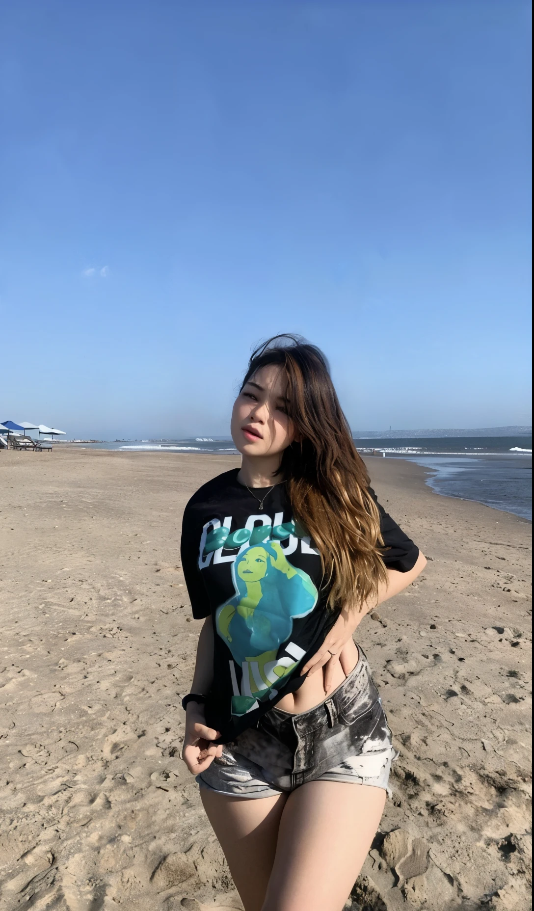 A woman standing on a beach with a shirt that says world on it - SeaArt AI