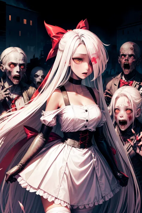 Vaggie, 1girl, gray skin, white hair, pink sclera, yellow pupils, long hair, white dress, pink and white striped stockings, hair bow, black ribbon on waist, long gloves, perfect anatomy, solo, zombies, ((multiple boys)), ((crowd)), glowing eyes, undead, ((...