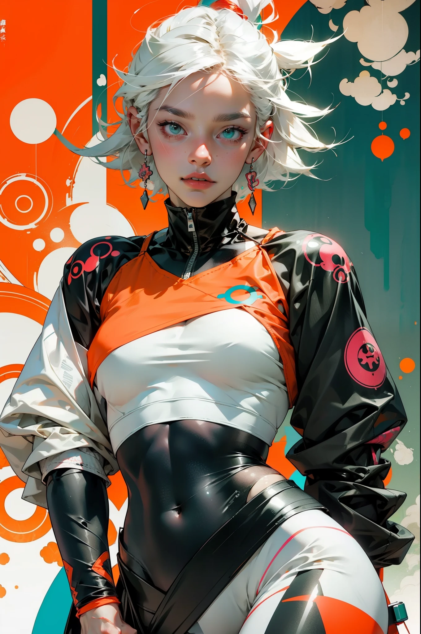 orange, pink, white, green, (white hair woman),tattoos, (techwear clothes:1.1),abstract lines and circles background