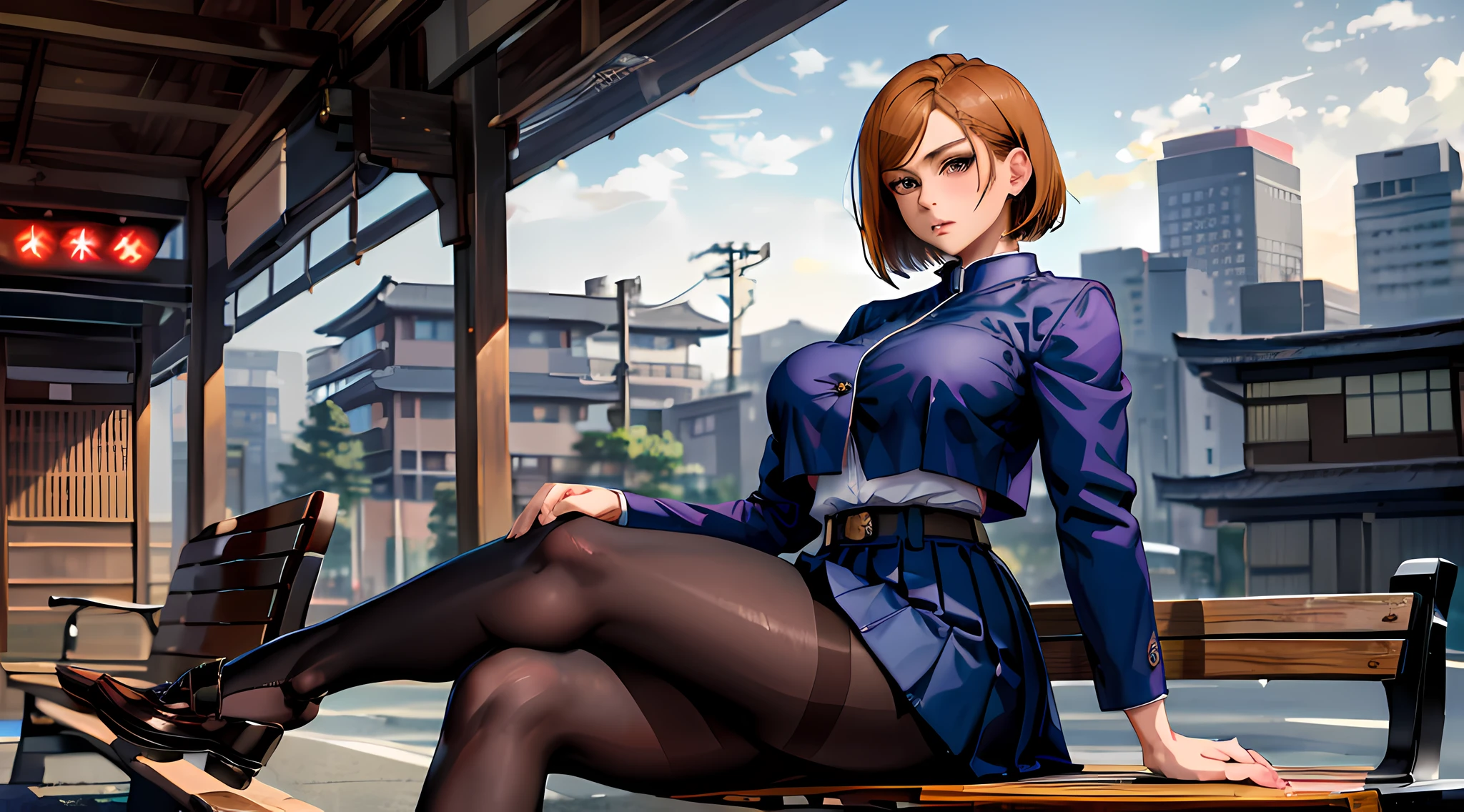(masterpiece, best quality, ultra detailed, absurdres)1.5, 1girl, (sexy, beautiful woman, perfect face, perfect eyes, perfect female body, huge breasts)1.5, (nobara kugisaki, bob cut, brown hair, lips, short hair, belt, brown belt, brown pantyhose, crop top, crop top overhang, JUJUTSU TECH UNIFORM, jacket, gakuran, pantyhose, pleated skirt, shirt tucked in, skirt, blue skirt, blue crop top, loafers, ), (sitting, bench, Japanese train station, Japanese city in background, shopping bag), perfect lighting, smooth, hdr
