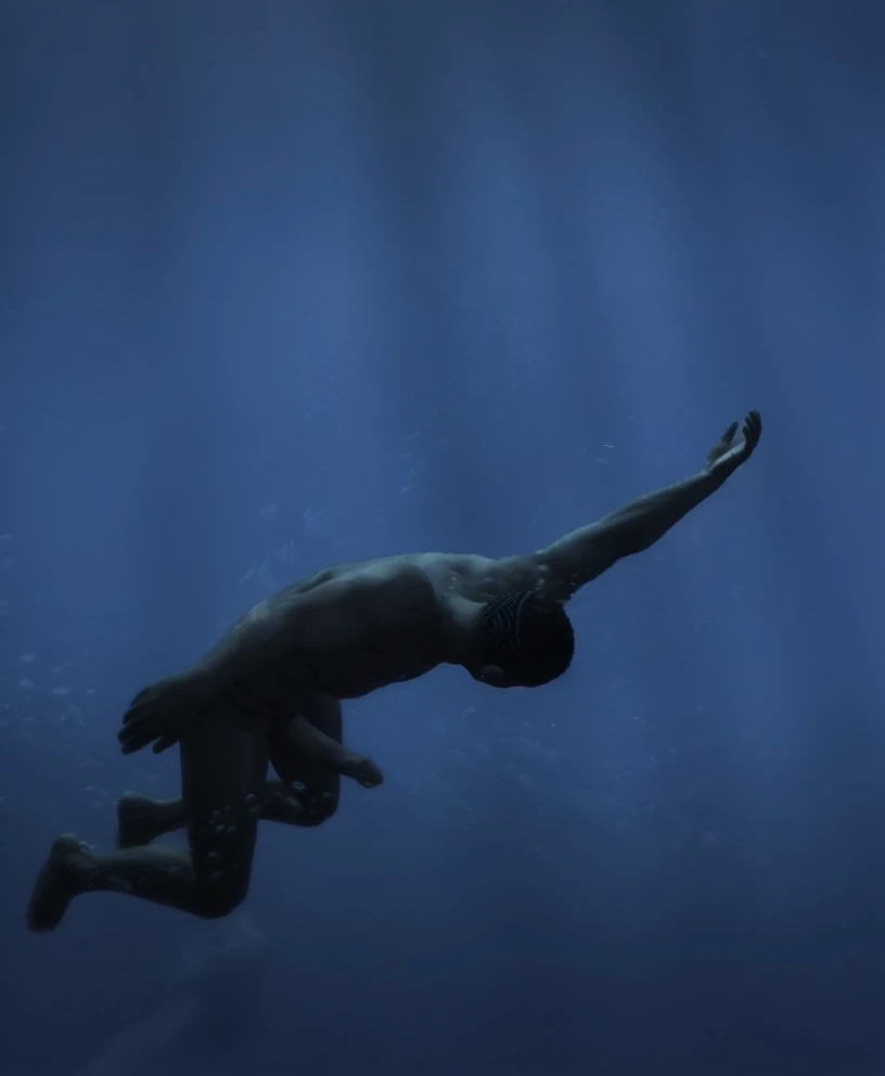 There is a naked black man sinking in the water, swimming deep underwater -  SeaArt AI