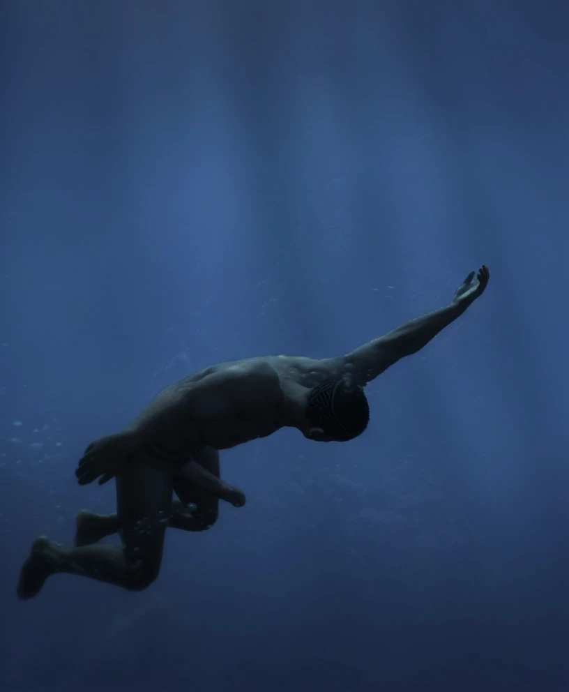 There is a naked black man sinking in the water, swimming deep underwater -  SeaArt AI