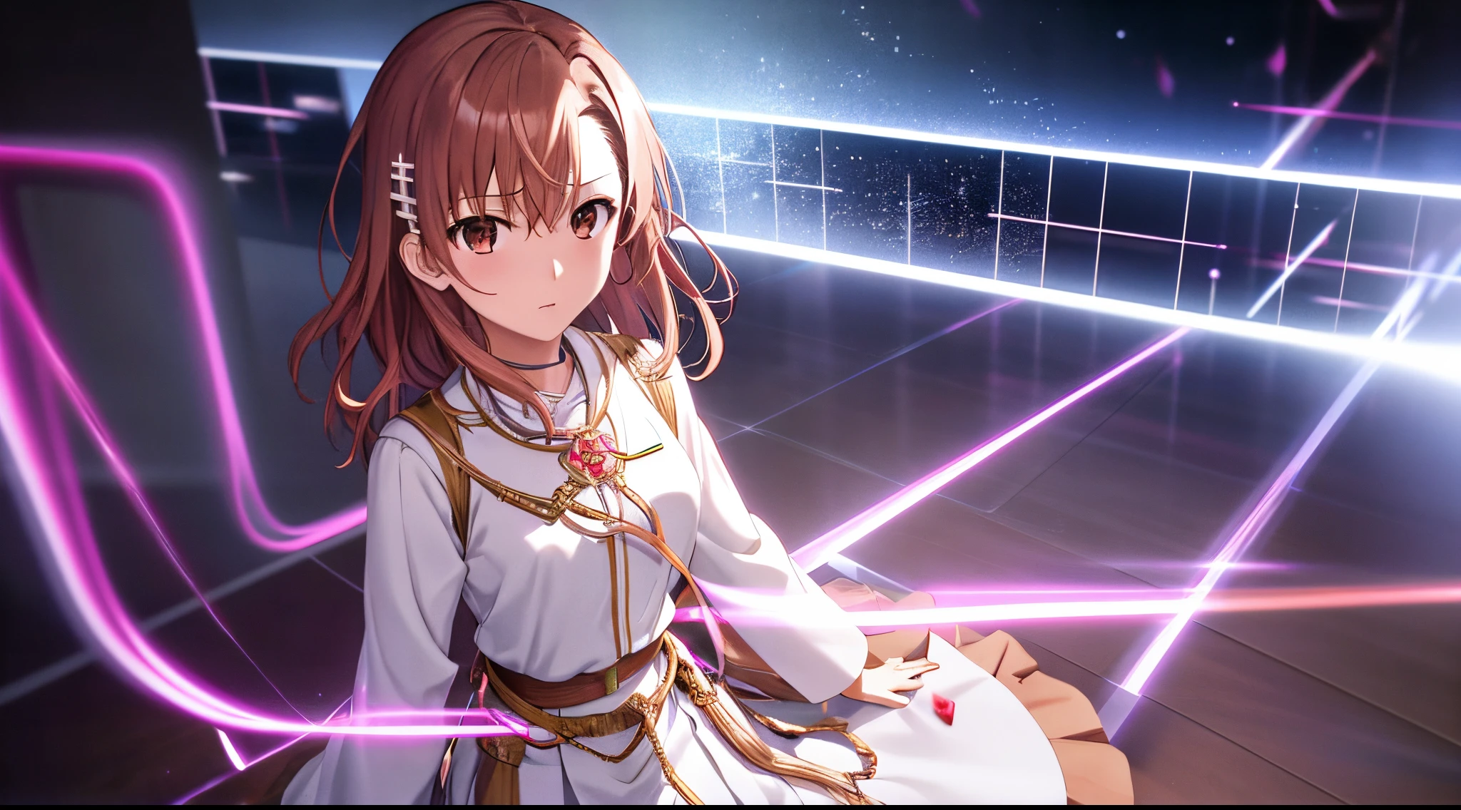 Misaka mikoto, 1girl, teen girl, kawaii, solo, chestnut hair, hairpin,brown eyes, standing, looking at viewer,ethereal white robe,praying beads on neck, long skirt,greek Acropolis,anime style,deep depth of field,wide angle view,Lumen Reflections,Screen Space Reflections,Diffraction Grading,Chromatic Aberration,GB Displacement,Scan Lines,Ray Traced,Anti-Aliasing,FXAA,TXAA,RTX,SSAO,Shaders,OpenGL-Shaders,GLSL-Shaders,Post Processing,Post-Production,cell Shading,Tone Mapping,CGI,VFX,SFX,insanely detailed and intricate, 4K