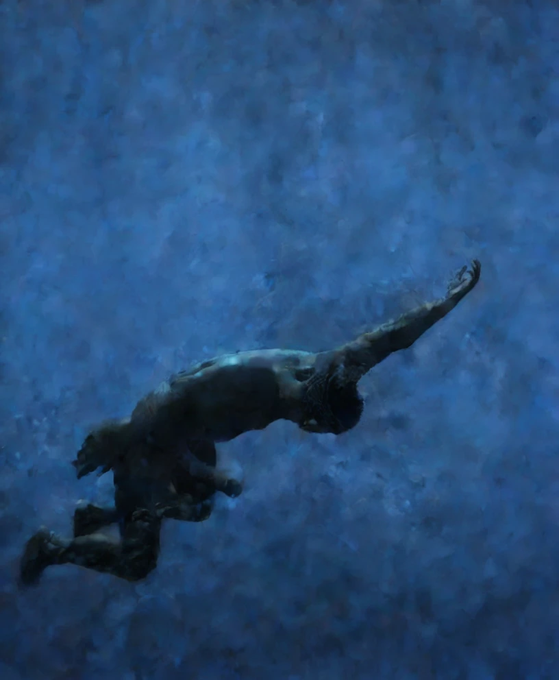 There is a naked black man sinking in the water, swimming deep underwater -  SeaArt AI