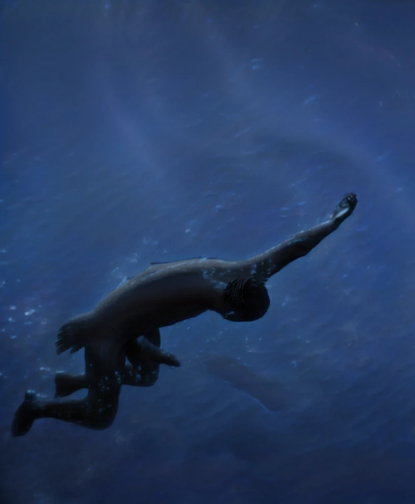 There is a naked black man sinking in the water, swimming deep underwater -  SeaArt AI