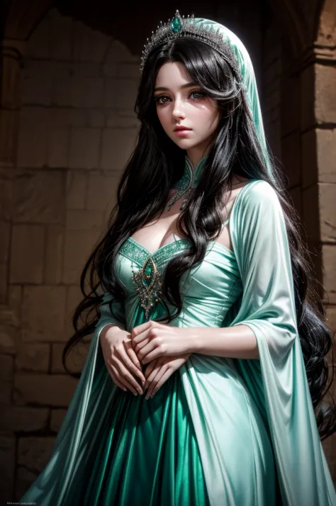 Elowen is a 25-year-old woman with long black hair that falls in waves over her shoulders, standing out against her pale skin.. ...