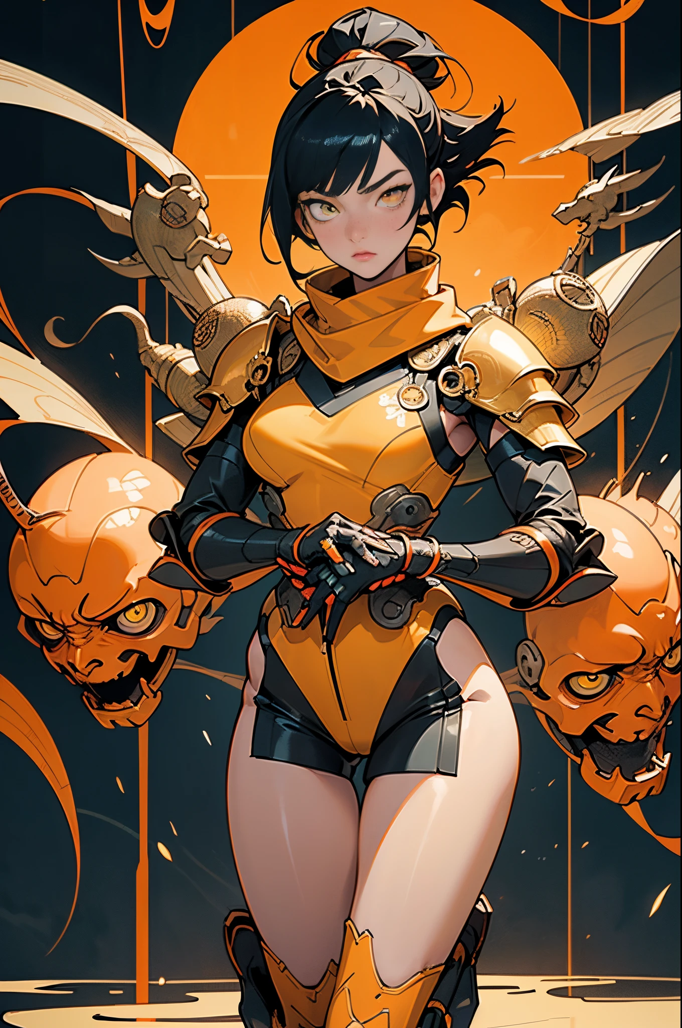 [Shinjuku background at night],Ginrei from Giant robot, (HENTAI ANIME) (Japanese NINJA Girl (Beauty) 19yo student)  and muscular [Slim & fit body], Short Bob Cut,([hornet] Orange Ninja Battle Armor) scarf [stall] ((Fitting rubber inner) [honeycomb] [edg]) hair adornments (Dull metallic luster:0.8),gravure [KUNOICHI],(Perfectly proportioned),Ideal color coordination),(Intricate and beautiful decoration (Dense detail)),[Perfect hand details],(Beautiful perfect face, yellow eyes, yellow irises, [Perfect eye details, [Full body like], fit thighs, thigh gap,[[Desaturation]], pretty hands, perfect fingers