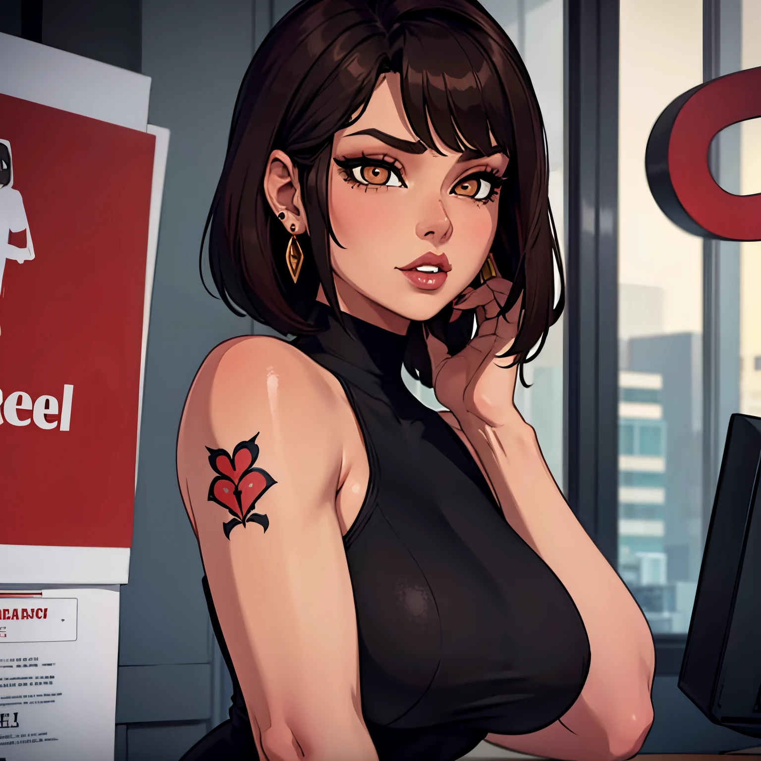 Anime girl with a tattoo on her arm sitting at a desk - SeaArt AI