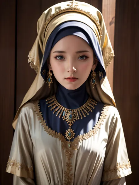 best quality, masterpiece, highres, moslem female dress, necklace, jewelry, Beautiful face, upon body, tyndall effect, photoreal...