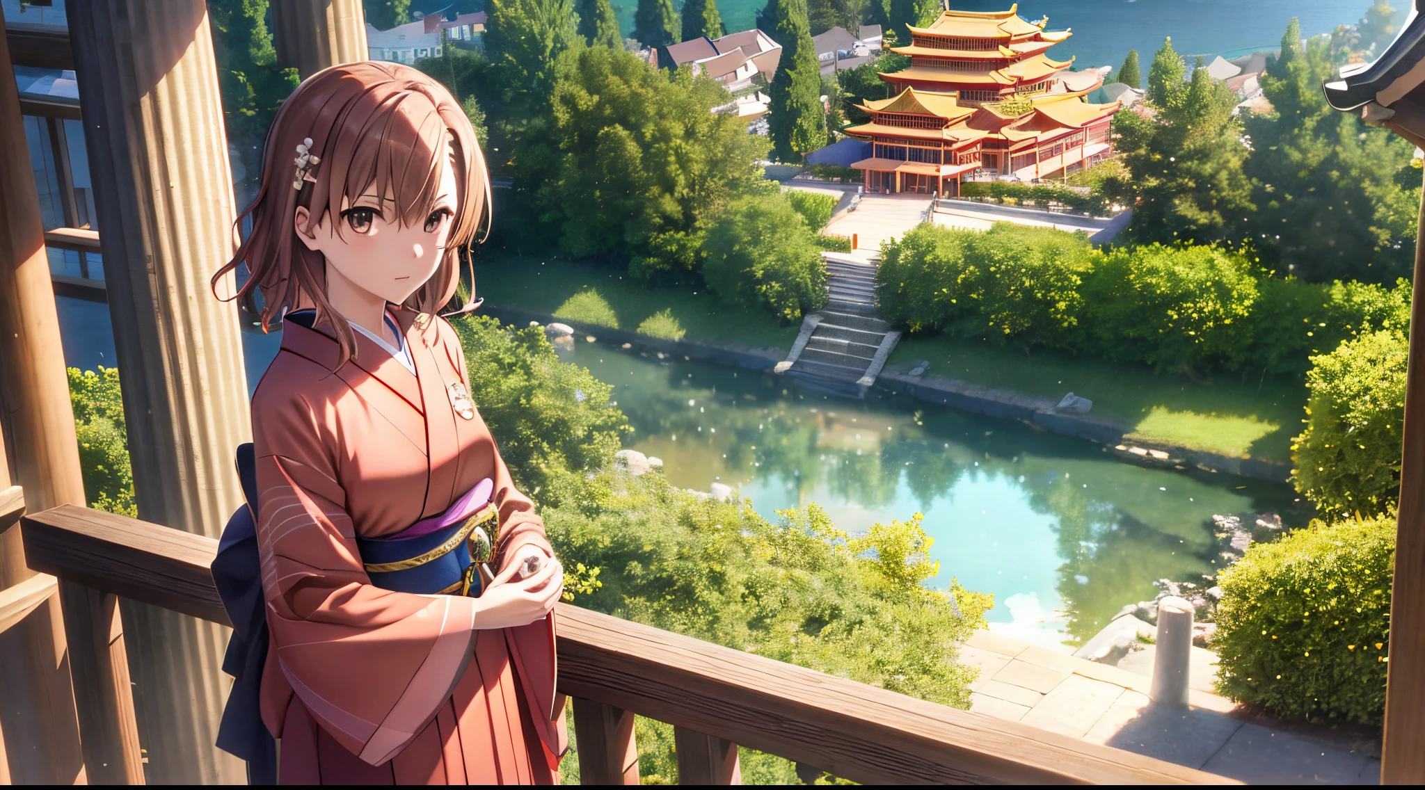 Misaka mikoto, 1girl, teen girl, kawaii, solo, chestnut hair, hairpin,brown eyes, standing, looking at viewer,kimono,praying beads on neck, long skirt,golden athens temple in background,anime style,deep depth of field,wide angle view,Lumen Reflections,Screen Space Reflections,Diffraction Grading,Chromatic Aberration,GB Displacement,Scan Lines,Ray Traced,Anti-Aliasing,FXAA,TXAA,RTX,SSAO,Shaders,OpenGL-Shaders,GLSL-Shaders,Post Processing,Post-Production,cell Shading,Tone Mapping,CGI,VFX,SFX,insanely detailed and intricate, 4K