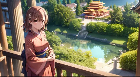 misaka mikoto, 1girl, teen girl, kawaii, solo, chestnut hair, hairpin,brown eyes, standing, looking at viewer,kimono,praying bea...