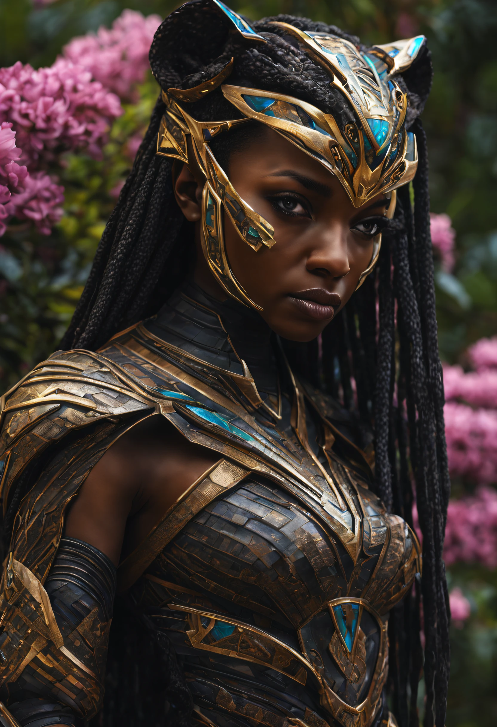 (masterpiece, RAW, realistic, UHD:1.1) a beautiful dark skinned black 1woman, 36yo (realistic skin texture, pores, and blemishes), druid in the style of (futuristic "Wakanda Vibranium" age aesthetics), holding an advance future high-tech bow in her hand. The woman is dressed in ((armor made to look like leaves|scales but is made entirely from a combination of \((Graphene: UHMWPE:.25\)), \((Piezoelectric Materials: Carbon Fiber:.25\)), \((Aerogel: Memory Alloy:.25\)), \((Smart Fabris: Kevlar:.25\)) with \(((bioluminescent stitching:.25\))). Additional details: The woman has very intricate, Wakanda tribal panther face paint with earthy colors. Her eyes are light-purple color, sharp and focused, reflecting determination and strength. Her lips are full and slightly parted, showing her concentration as she takes aim. The woman's long wavy hair is braided with flowers and feathers, adding to her natural and advance technological appearance. The armor she wears is overlapping that resemble leaves|scales, providing both protection and camouflage in the natural surroundings BREAK The leaves have a vibrant green to blue graydient color, emphasizing the druid's connection to nature and Vibranium, the vines and flowers intertwine with the armor, further enhancing the cutting-edge and futuristic earthy look. The (bow in her hand is made of black carbon fiber that (looks like wood)), decorated with alien-inspired sigil patterns and symbols, Hyper-detailed, insane details, Beautifully color graded, Unreal Engine, DOF, Super-Resolution,Megapixel, Cinematic Lightning, Anti-Aliasing, FKAA, TXAA, RTX,SSAO,Post Processing, Post Production, Tone Mapping, CGI, VFX, SFX, Insanely detailed and intricate , Hyper maximalist, Hyper realistic, Volumetric, Photorealistic, ultra photoreal, ultra- detailed, intricate details,8K, Super detailed , Full color, Volumetric lightning, HDR, Realistic, Unreal Engine, 16K, Sharp focus.