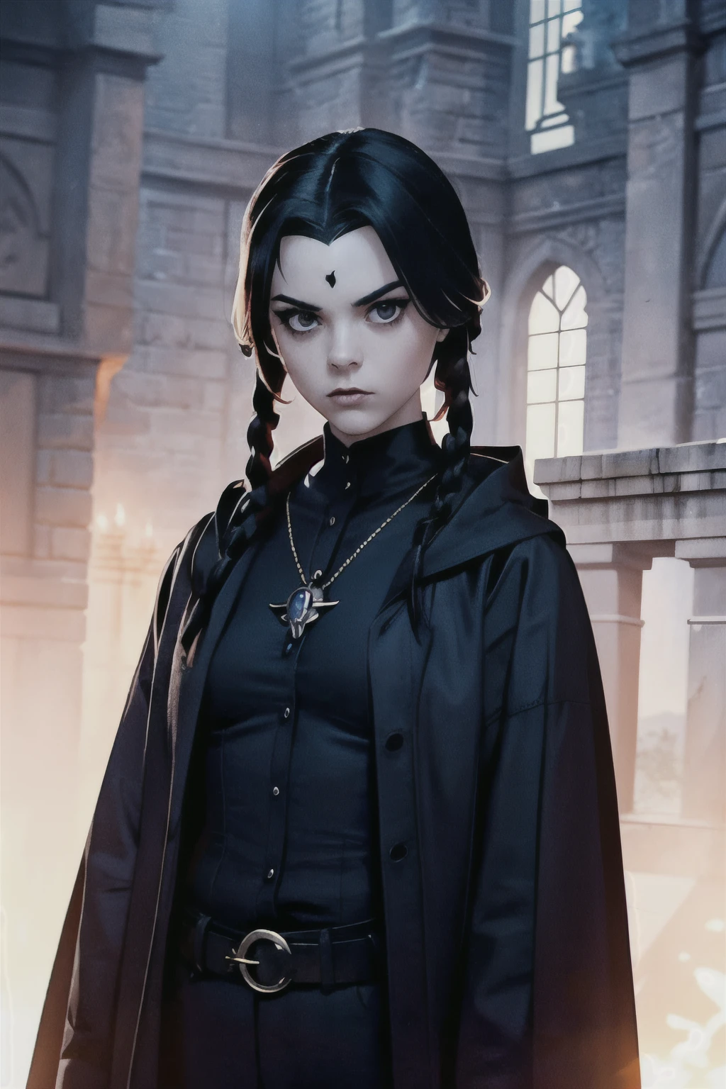 Create a realistic and detailed full-length shot of Ren, a female character merging elements of Raven from Teen Titans and Wednesday Addams. Capture her haunting presence and mysterious aura as she stands against a dark and brooding backdrop. Emphasize the intricate details of her gothic attire and the intensity in her piercing eyes. RavenTT, navy-blue cloak, black leotard, brooch, belt, Wednesday Addams