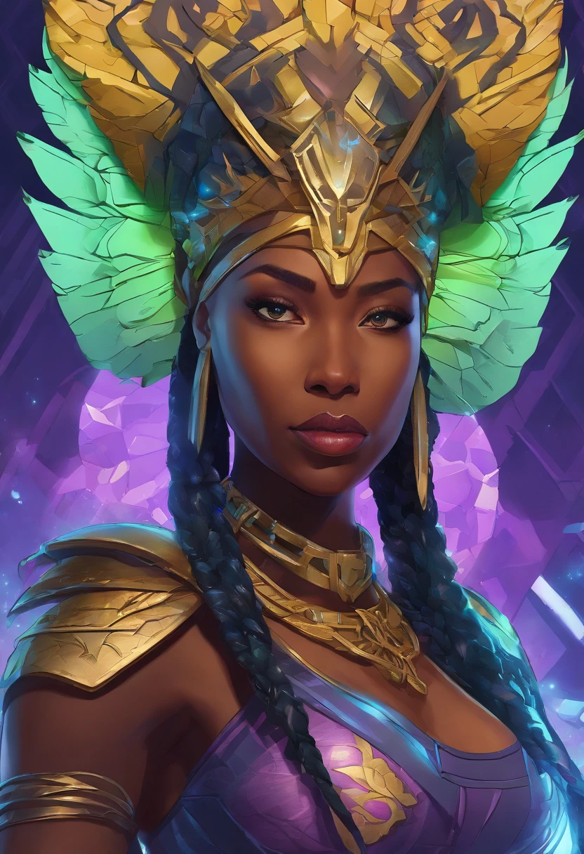 (masterpiece, RAW, realistic, UHD:1.1) a beautiful dark skinned black 1woman, 36yo (realistic skin texture, pores, and blemishes), druid in the style of (futuristic "Wakanda Vibranium" age aesthetics), holding an advance future high-tech bow in her hand. The woman is dressed in ((armor made to look like leaves|scales but is made entirely from a combination of \((Graphene: UHMWPE:.25\)), \((Piezoelectric Materials: Carbon Fiber:.25\)), \((Aerogel: Memory Alloy:.25\)), \((Smart Fabris: Kevlar:.25\)) with \(((bioluminescent stitching:.25\))). Additional details: The woman has very intricate, Wakanda tribal panther face paint with earthy colors. Her eyes are light-purple color, sharp and focused, reflecting determination and strength. Her lips are full and slightly parted, showing her concentration as she takes aim. The woman's long wavy hair is braided with flowers and feathers, adding to her natural and advance technological appearance. The armor she wears is overlapping that resemble leaves|scales, providing both protection and camouflage in the natural surroundings BREAK The leaves have a vibrant green to blue graydient color, emphasizing the druid's connection to nature and Vibranium, the vines and flowers intertwine with the armor, further enhancing the cutting-edge and futuristic earthy look. The (bow in her hand is made of black carbon fiber that (looks like wood)), decorated with alien-inspired sigil patterns and symbols, Hyper-detailed, insane details, Beautifully color graded, Unreal Engine, DOF, Super-Resolution,Megapixel, Cinematic Lightning, Anti-Aliasing, FKAA, TXAA, RTX,SSAO,Post Processing, Post Production, Tone Mapping, CGI, VFX, SFX, Insanely detailed and intricate , Hyper maximalist, Hyper realistic, Volumetric, Photorealistic, ultra photoreal, ultra- detailed, intricate details,8K, Super detailed , Full color, Volumetric lightning, HDR, Realistic, Unreal Engine, 16K, Sharp focus.