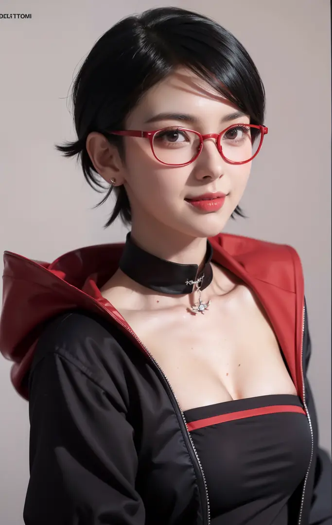 1girl, sarada uchiha in anime boruto, short hair, black hair, red eyes, smile, beautiful, sexy dress, sexy clothes, red clothes,...
